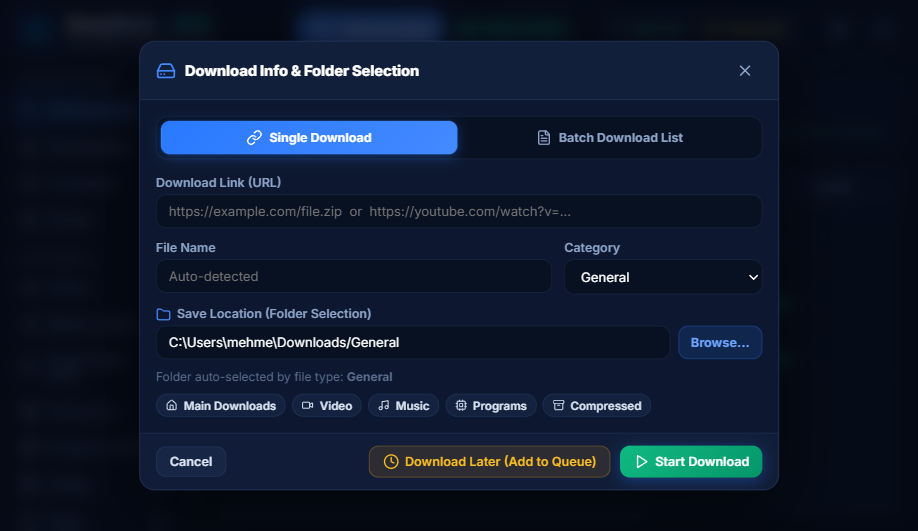 Add download dialog