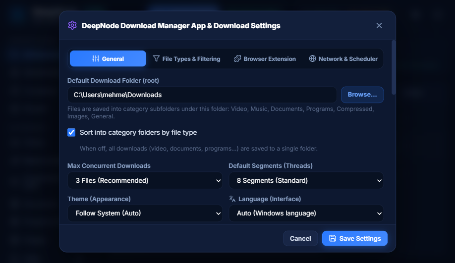 Settings window